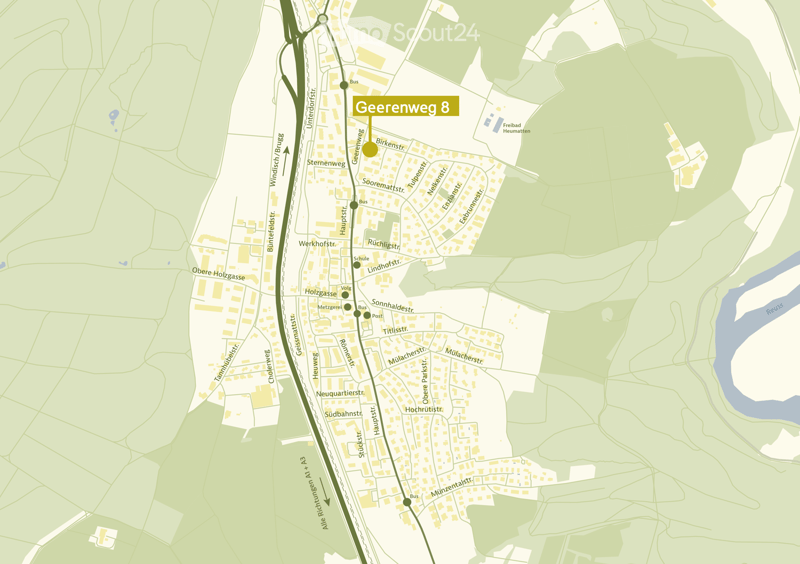 Map showing the area around Geerenweg 8, including streets, buildings, and landmarks such as a swimming pool and bus stops.
