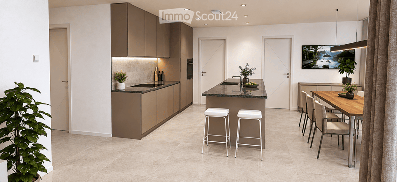 Modern kitchen with a central island, bar stools, dining area, and sleek cabinetry.