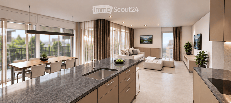 Modern open-plan living and dining area with a kitchen island, sofa, dining table, and large windows leading to a balcony.