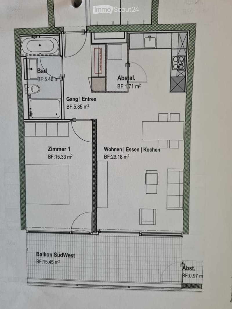 Floor plan showing a living/dining/kitchen area, bedroom, bathroom, hallway, and a southwest balcony.