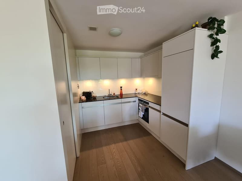 Modern kitchen with white cabinets, wooden flooring, and built-in appliances including a sink, oven, and coffee maker.