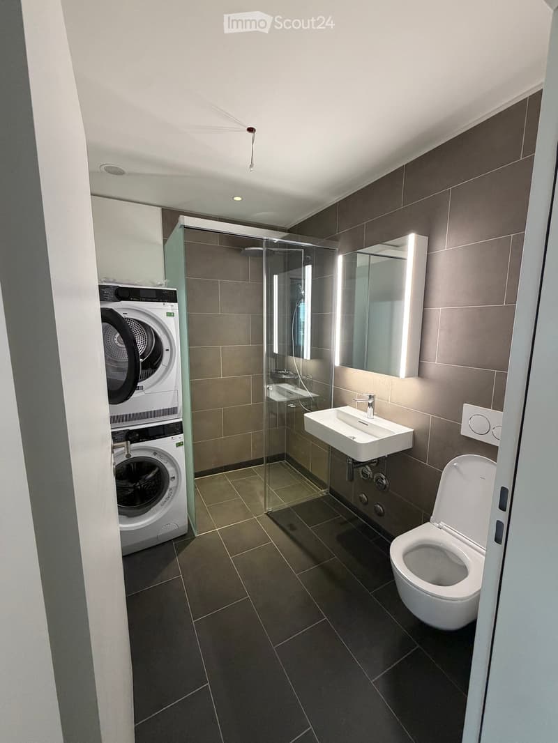 Modern bathroom with dark tiled walls and floor, featuring a toilet, sink, mirror, glass-enclosed shower, and a stacked washer/dryer unit.