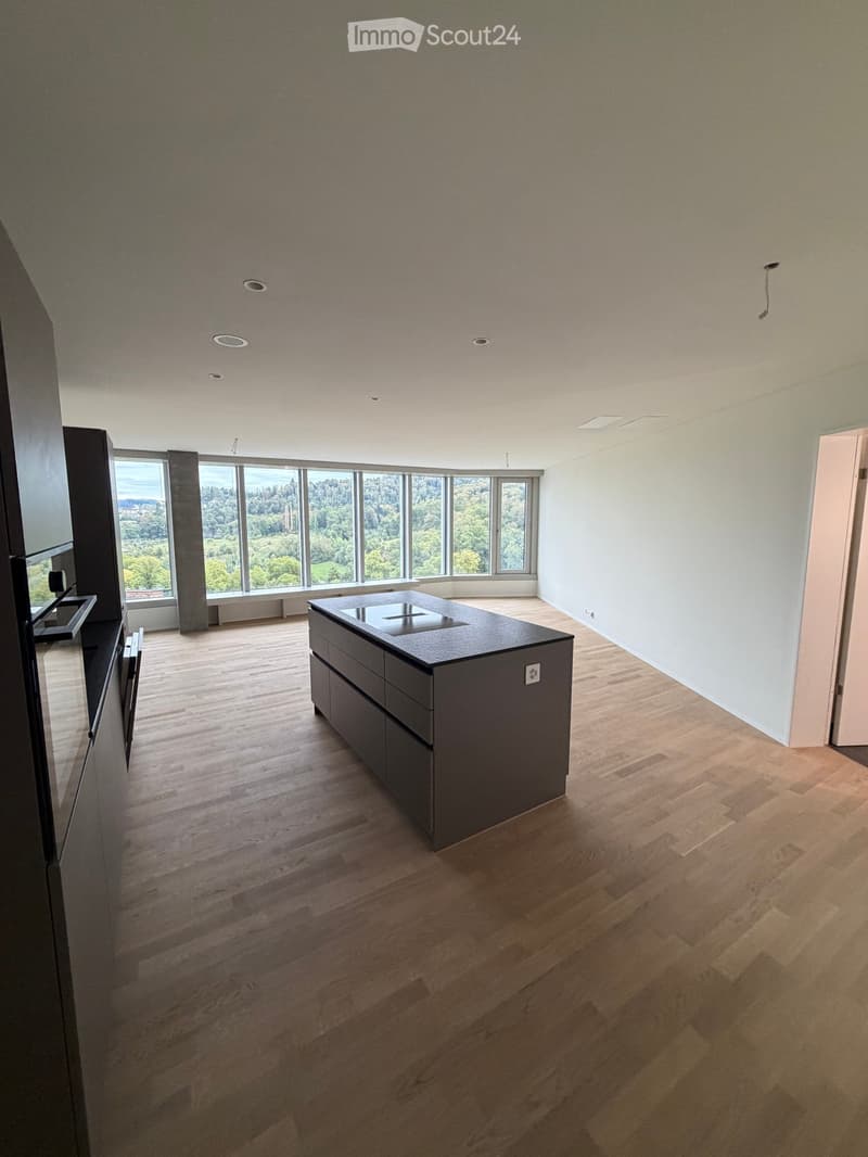Modern kitchen with wooden flooring, large windows offering a scenic view, and a central kitchen island.
