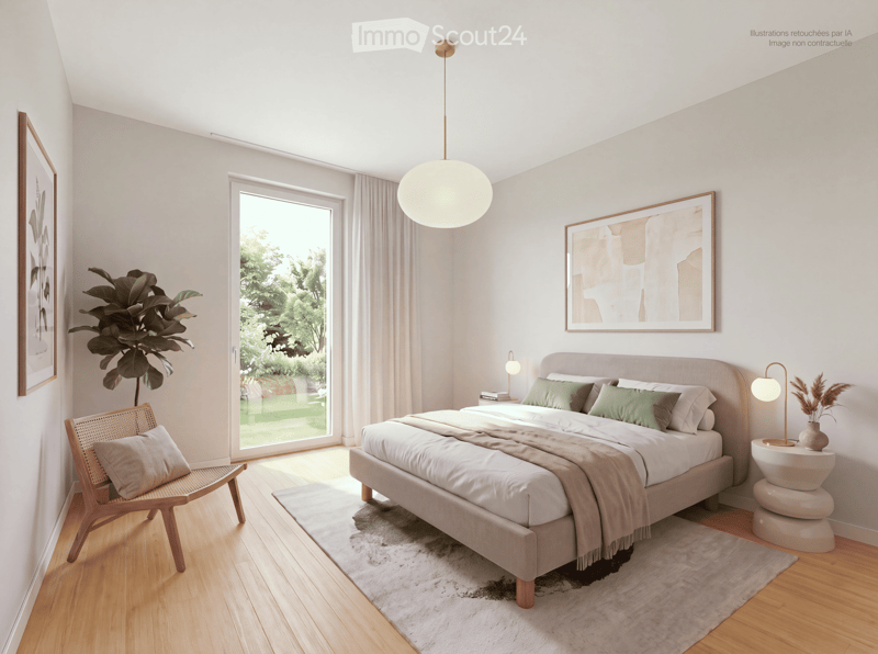 Modern bedroom with a large bed, wooden chair, side table with lamp, large window with view, and decorative plant.