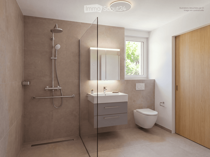 Modern bathroom with a glass-enclosed shower, a white sink with a grey cabinet, a toilet, and a mirror with built-in lighting. The walls are tiled in brown, and the floor is tiled in beige.