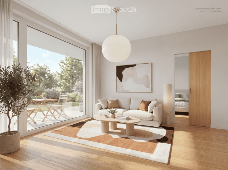 Modern living room with a white sofa, coffee table, large window, and a view of a garden. Includes a potted plant, artwork, and a mirror leading to a bedroom.