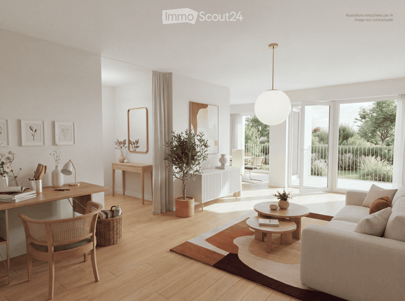 Bright living room with wooden flooring, large windows, and a balcony. Features a sofa, coffee table, side table, chair, lamp, mirror, and decorative items.
