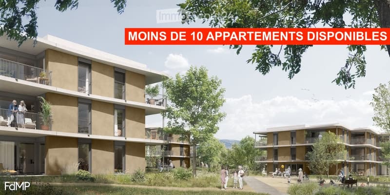 Modern multi-story residential building with balconies, surrounded by greenery and people enjoying the outdoor area.