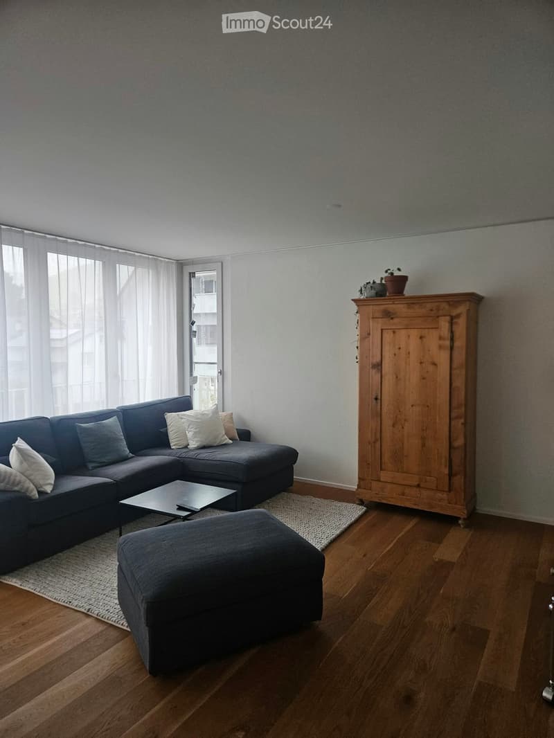 Modern living room with a dark blue sectional sofa, white throw pillows, a wooden coffee table, an ottoman, a wooden cabinet, and a white rug on a wooden floor.