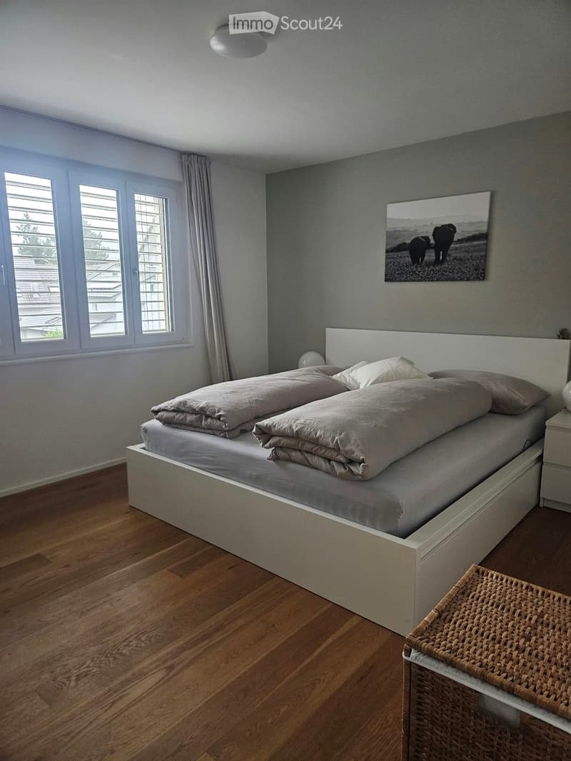 Modern bedroom with a large bed, multiple pillows, a nightstand, and a picture frame on the wall. The room features wooden flooring and large windows with blinds.