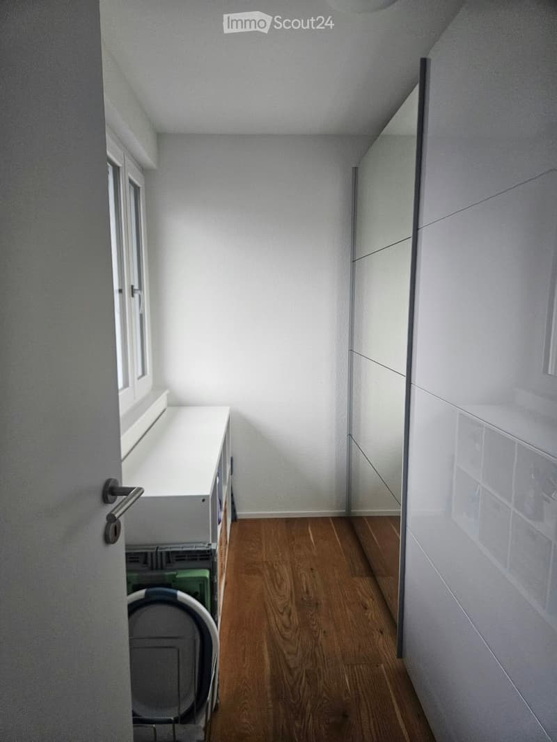 A narrow hallway with wooden flooring, white walls, and a small window on the left side. A door is visible on the left, and a small cabinet or shelf is partially visible near the door.