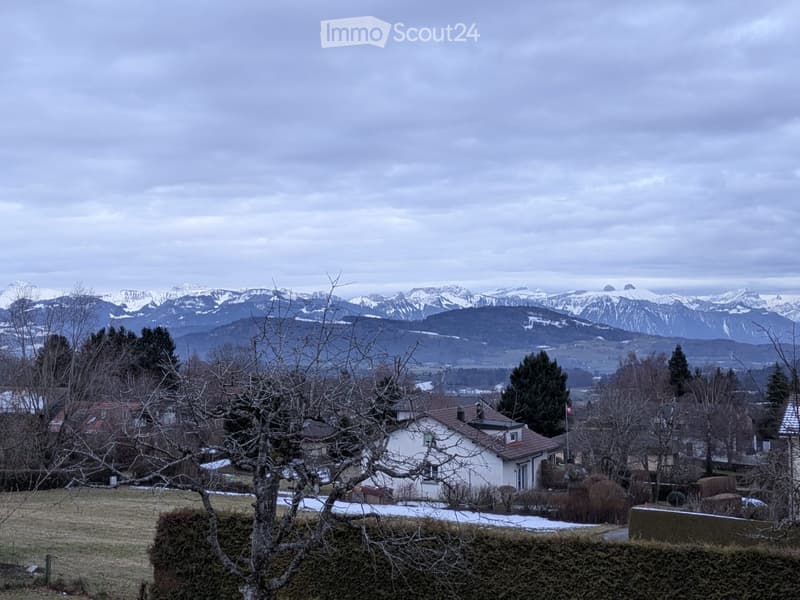Mountain landscape with snow-capped peaks, houses, trees, and shrubs. Cloudy sky.