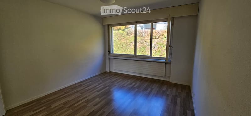 Empty room with wooden flooring, white walls, and a large window with a radiator below it.