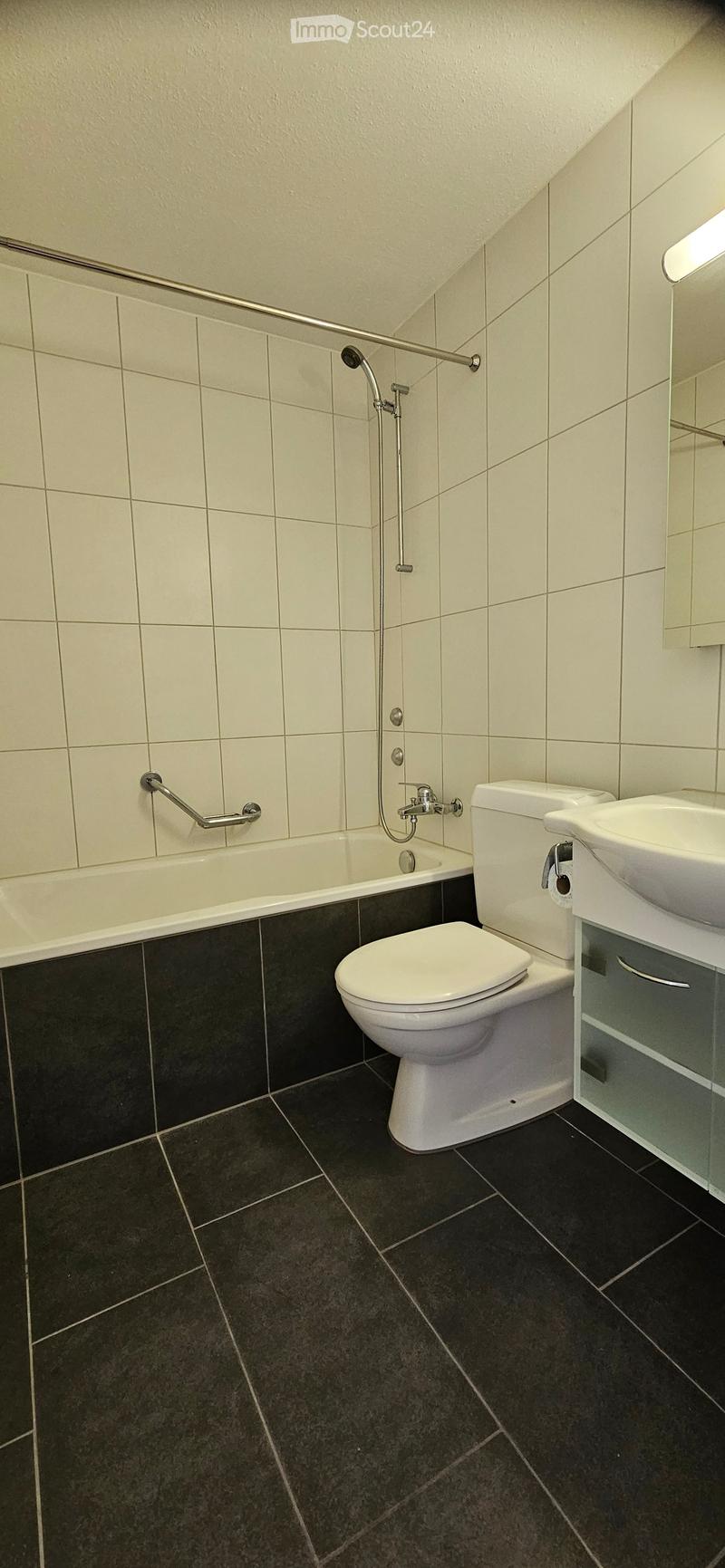 Modern bathroom with a bathtub, toilet, sink, and handrails for accessibility. Dark tiled floor and white tiled walls.