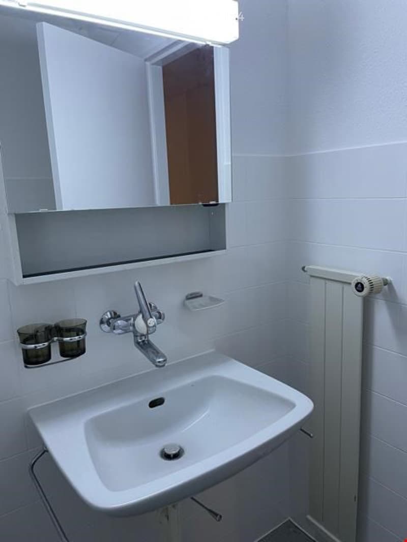 Modern bathroom with a white sink, chrome faucet, mirror cabinet, and a radiator on the wall.