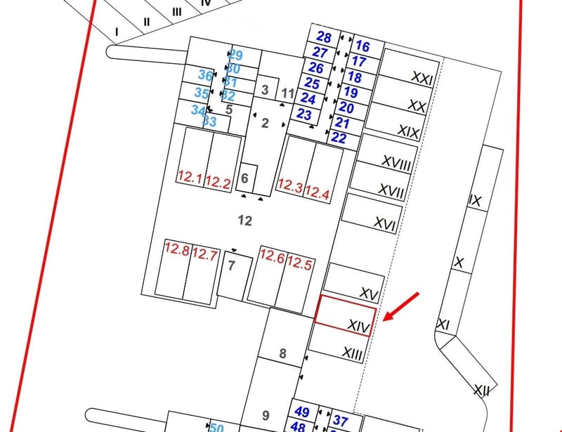 Floor plan of a multi-room building with labeled rooms and sections, including numbered rooms and Roman numeral sections.