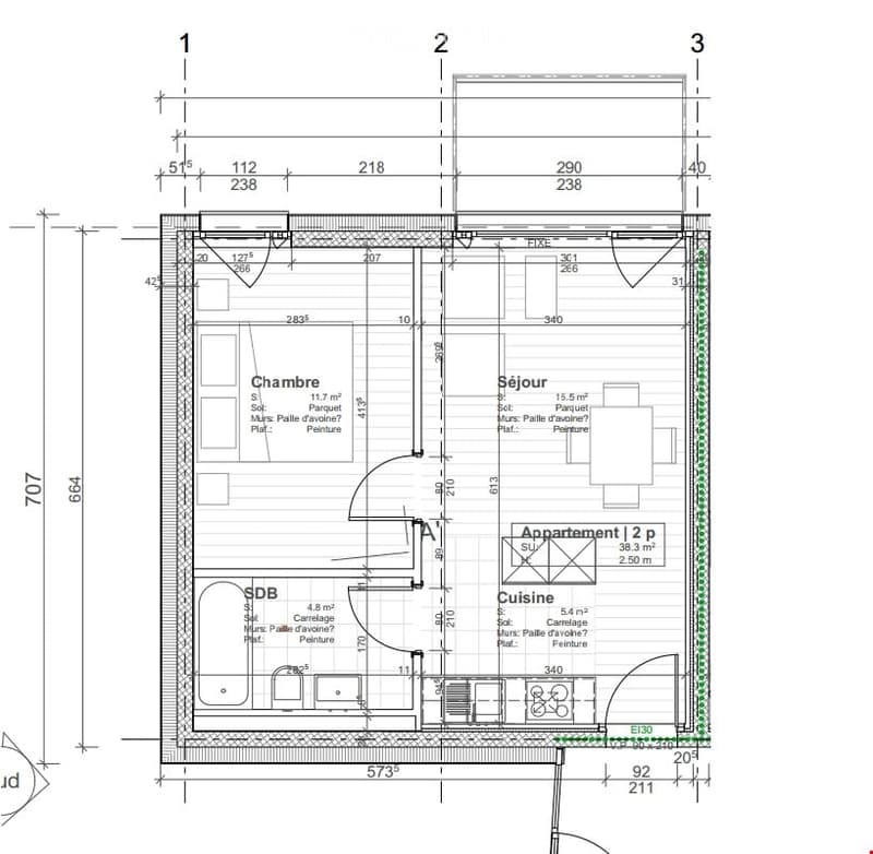 Floor plan of a 2-bedroom apartment with living room, kitchen, bathroom, and hallway.