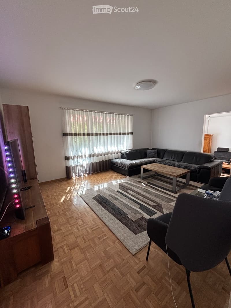 Modern living room with wooden flooring, a sectional sofa, coffee table, armchair, television, and a patterned rug.