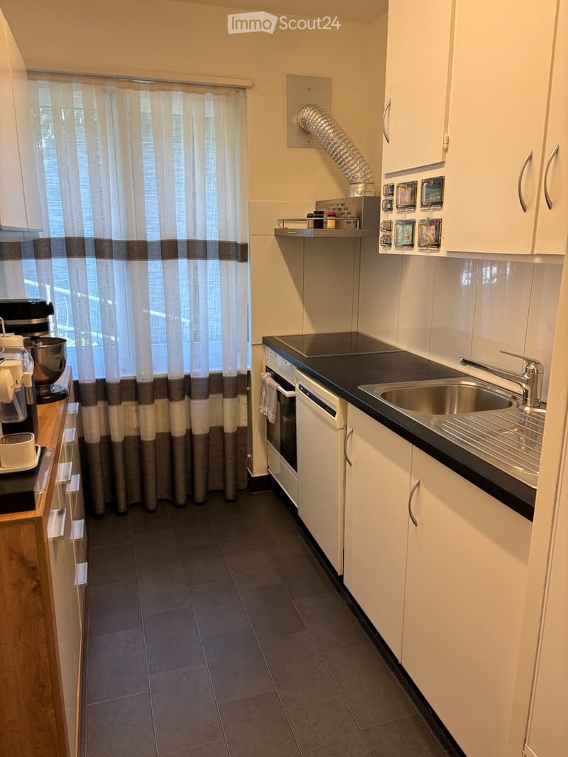 Modern kitchen with white cabinets, black countertops, stainless steel sink, oven, dishwasher, and a window with curtains.