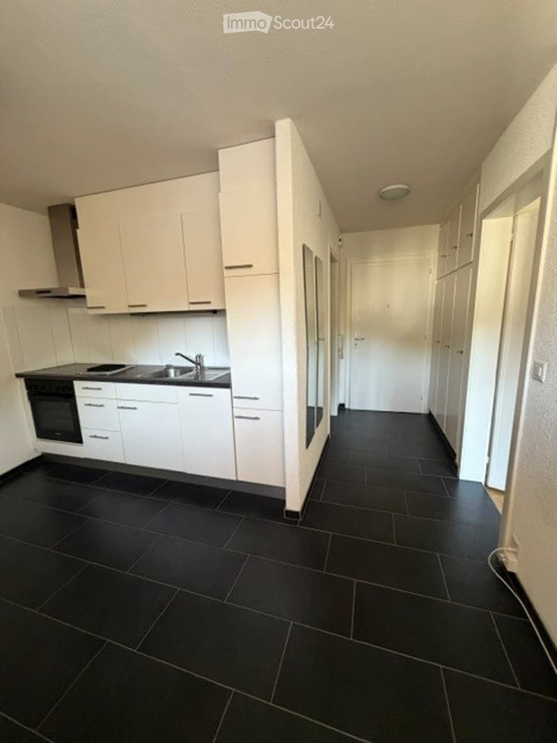 Modern kitchen with white cabinets, black tiled floor, stainless steel sink and faucet, and built-in oven and stove.