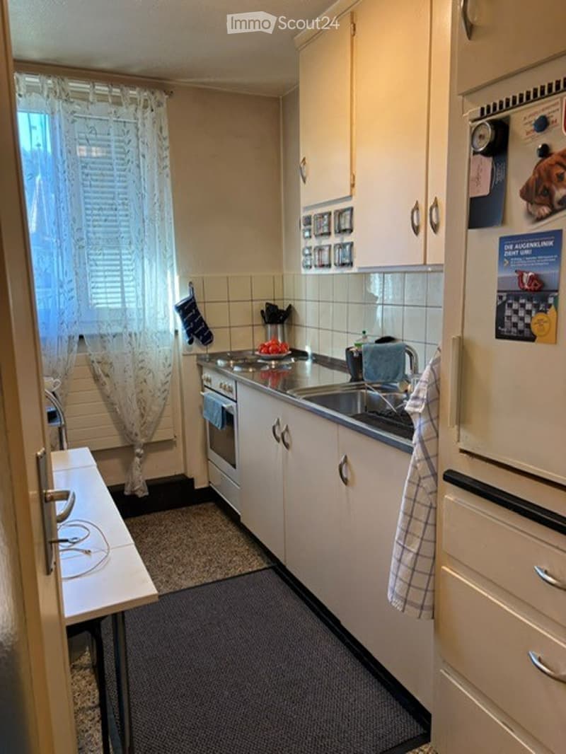 A compact kitchen with white cabinets, a stainless steel sink, a refrigerator, and a small table near the window. The space includes a curtain, an oven mitt, and a towel hanging from the cabinet.