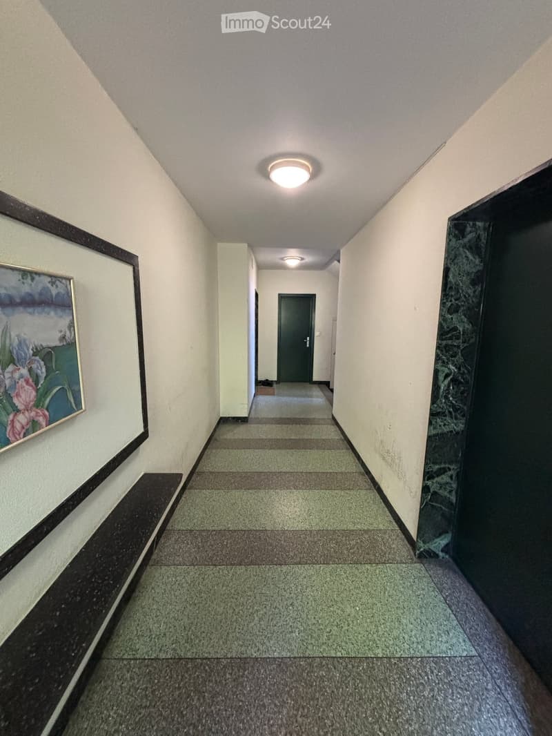 A long, narrow hallway with a tiled floor, white walls, and a ceiling light. A framed picture hangs on the left wall, and a dark green door is visible at the end of the corridor.