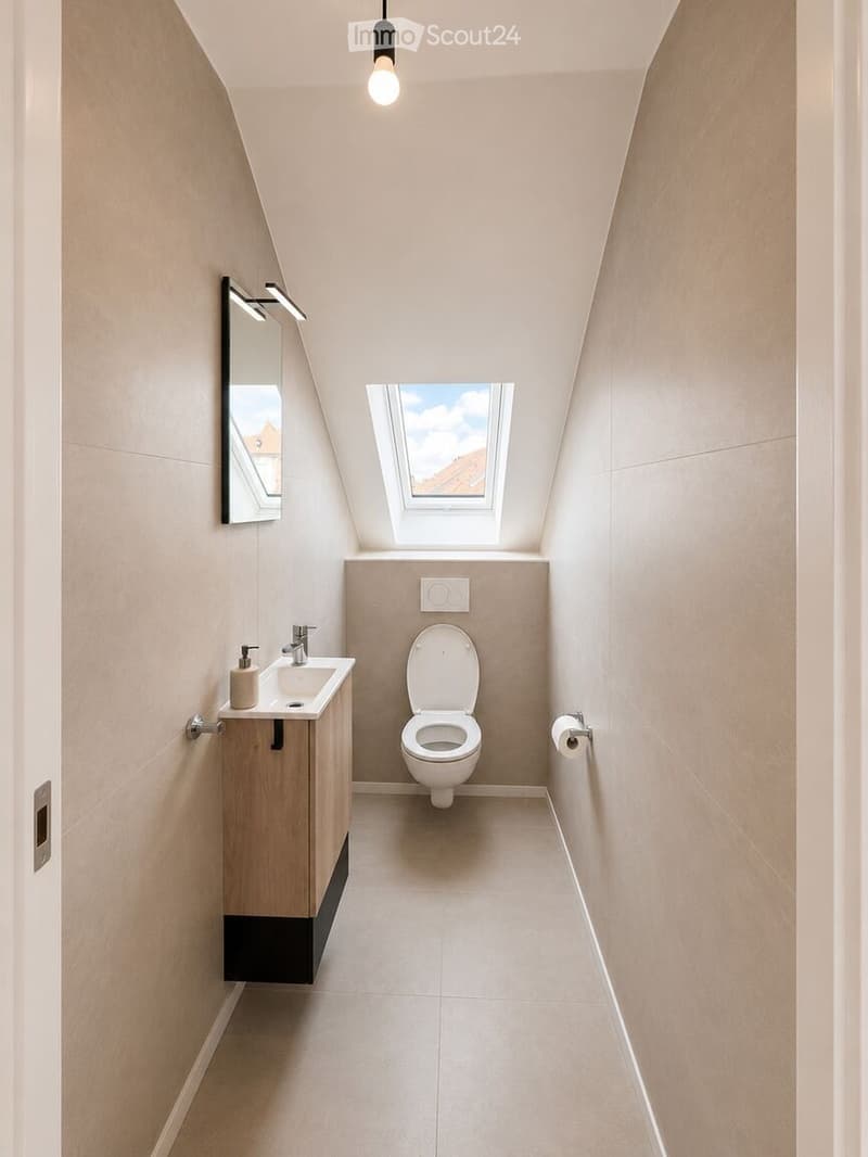 Modern bathroom with a skylight window, sleek sink, toilet, and mirror. Light-colored tiles and wooden vanity.