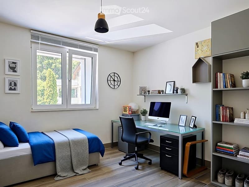 Modern bedroom with a bed, desk, chair, and shelves. Features large windows, a hanging light fixture, and decorative wall art.