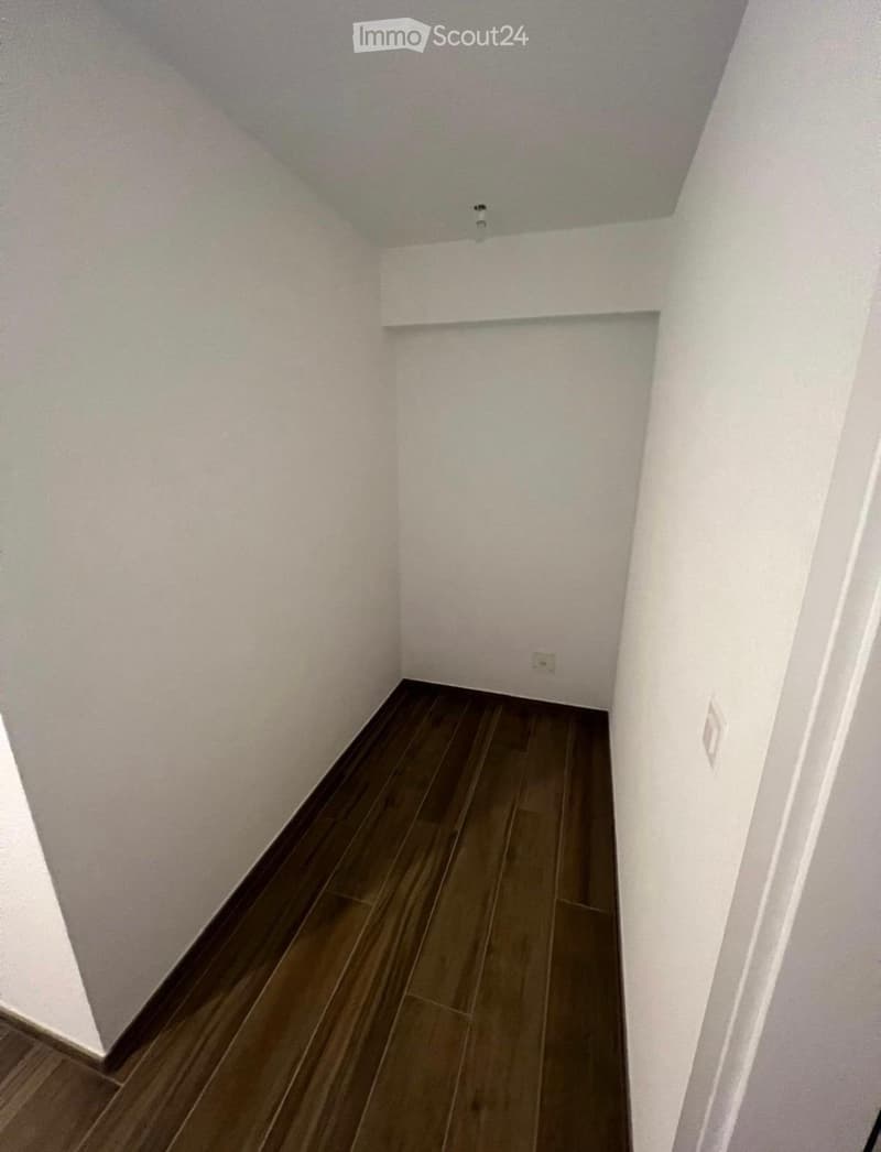 Narrow hallway with white walls and dark wooden flooring, featuring a small shelf and electrical outlet on one wall.