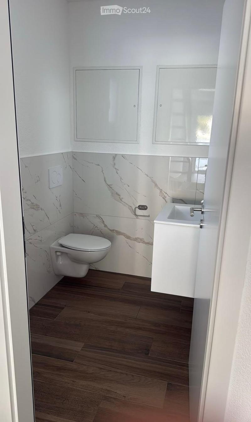 Modern bathroom with white walls, marble-patterned tiles, wooden flooring, toilet, sink, and mirror.
