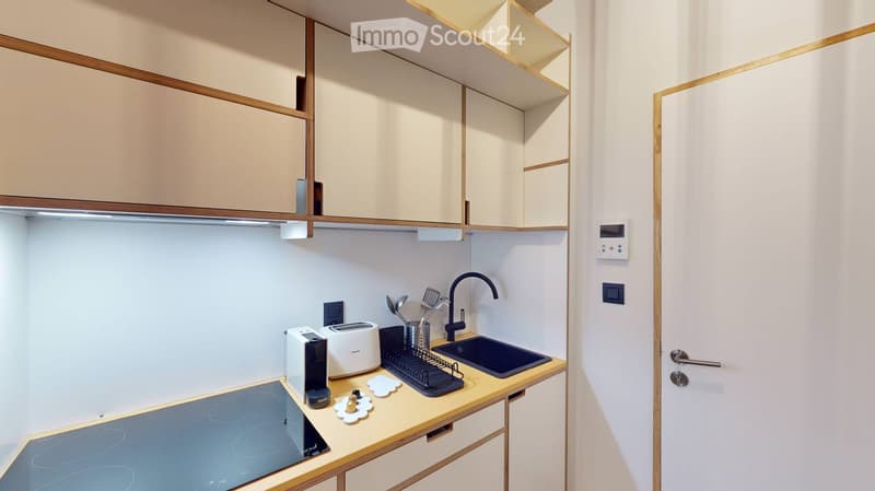 Modern kitchen with light-colored cabinets, wooden trim, induction cooktop, toaster, sink with faucet, and dish rack.