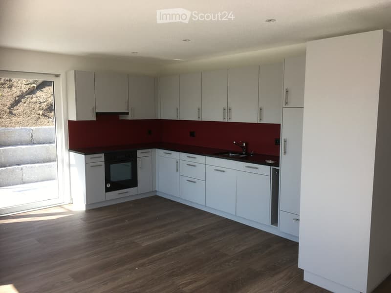 Modern kitchen with white cabinets, dark red backsplash, and wooden flooring. Features a sink, oven, and ample storage space.