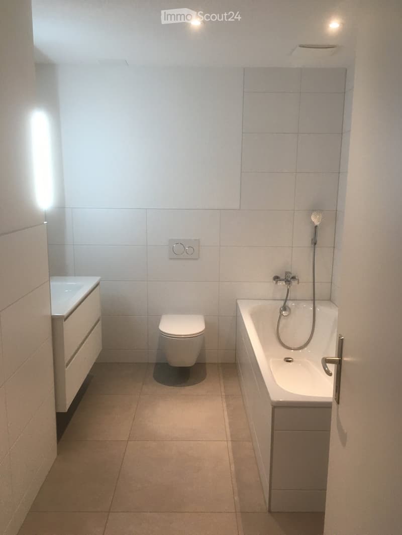 Modern bathroom with a bathtub, toilet, sink, and a handheld showerhead attached to the wall.