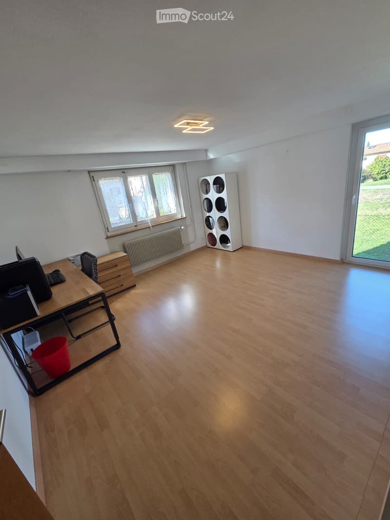 Bright, unfurnished room with wooden flooring, large windows, and modern lighting. Contains a table with a laptop, a chair, and a storage unit.
