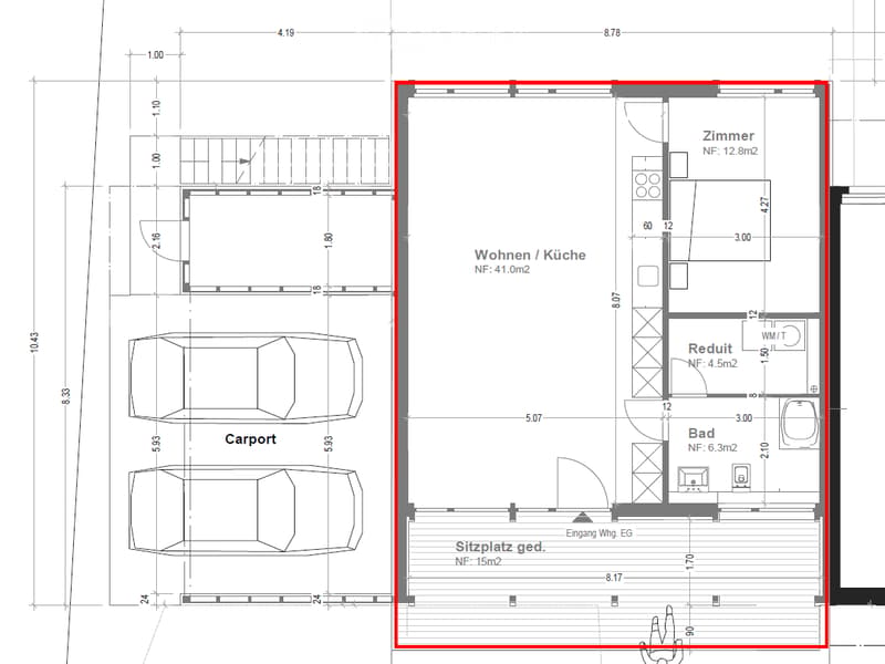 Floor plan showing a carport, living/kitchen area, bedroom, bathroom, and a seating area. Dimensions and room labels are provided.