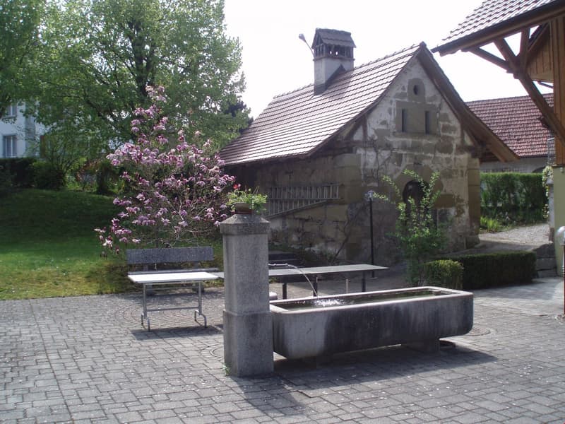 Garden area with a stone fountain, a bench, and a table near a historic stone building.