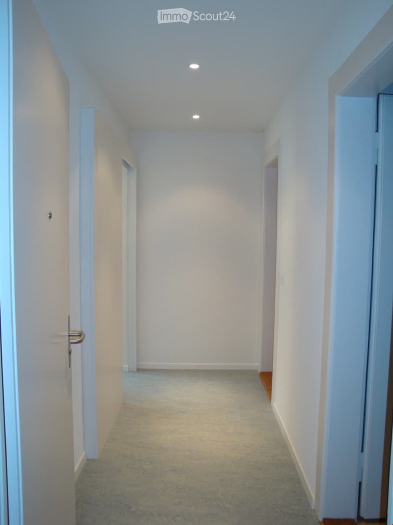 Empty hallway with white walls, carpeted floor, and recessed ceiling lights. Two doors are visible on either side.