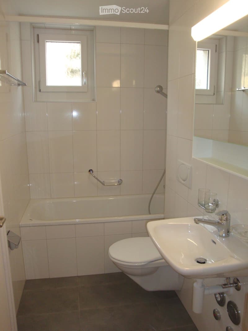 Modern bathroom with white tiles, a toilet, a sink with a faucet, a mirror, a bathtub, and a handrail.