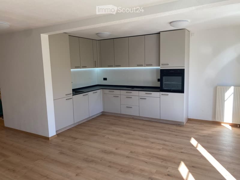 Modern kitchen with white cabinets, wooden flooring, and built-in oven.