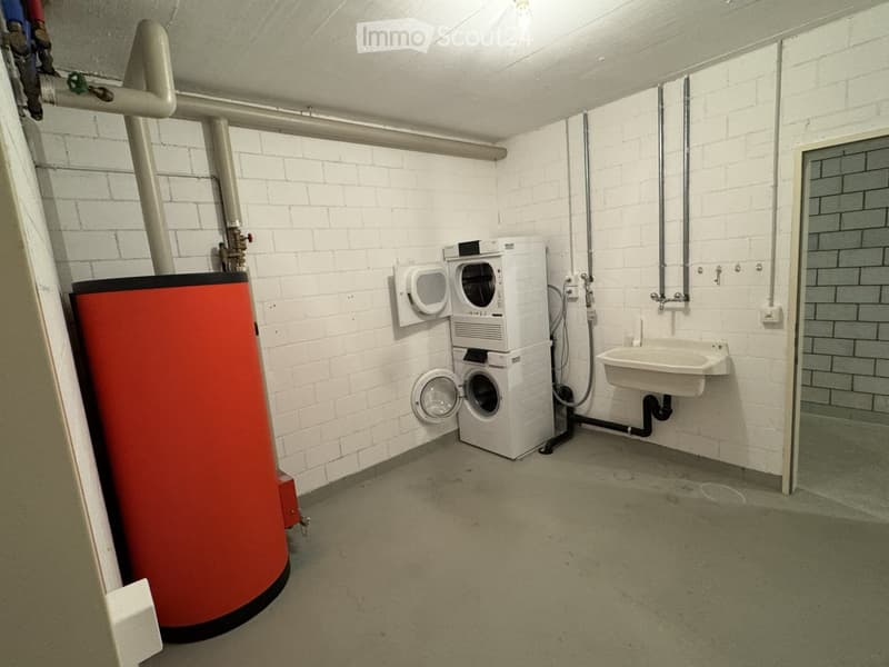 Utility room with white brick walls, a washing machine, a sink, and a red water heater.