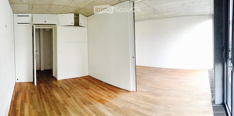 Empty room with white walls, wooden flooring, and built-in white cabinets. No furniture or equipment present.