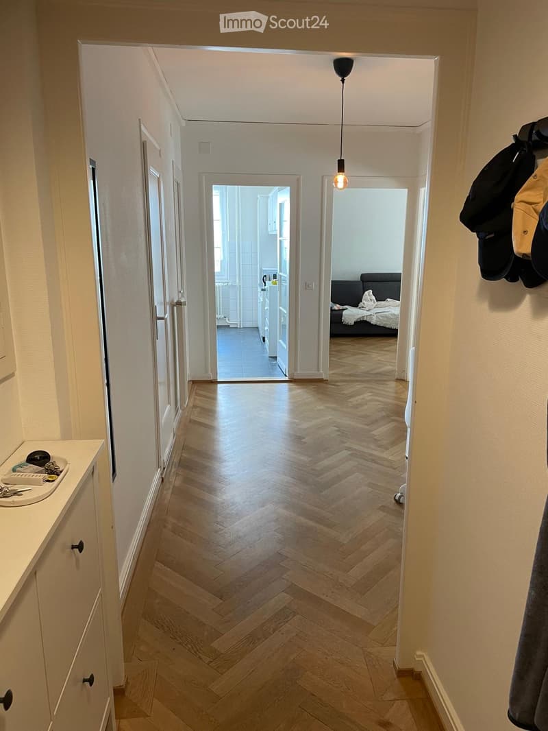 A well-lit hallway with herringbone wooden flooring, leading to a bedroom and a kitchen area. Visible items include a coat rack with jackets, a small sink with toiletries, and a hanging light fixture.