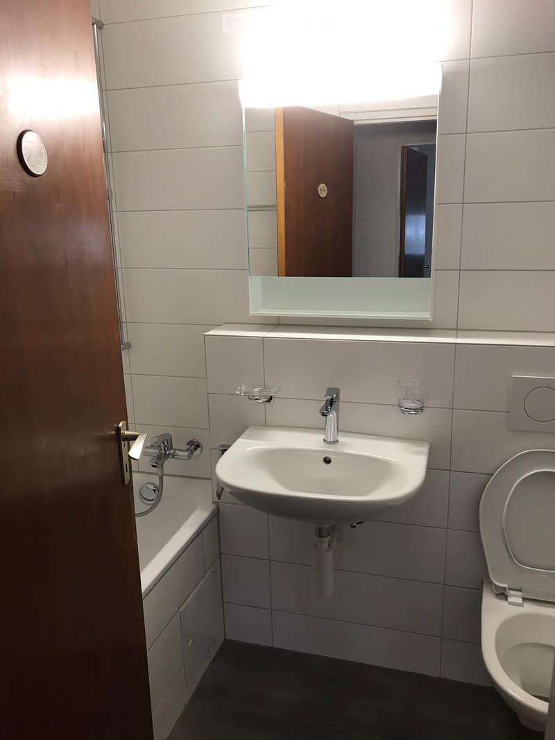 Modern bathroom with a white sink, chrome faucet, mirror, toilet, and bathtub. Grey tiles and a wooden door are visible.