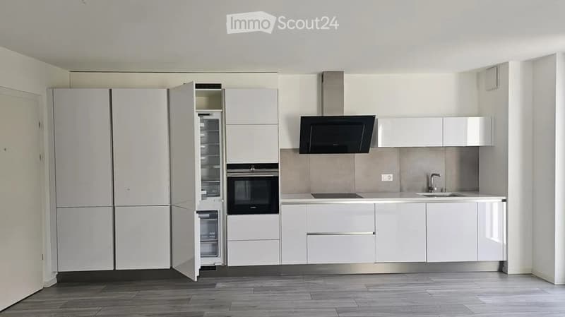Modern, minimalist kitchen with white cabinets, stainless steel appliances, and a sleek design.