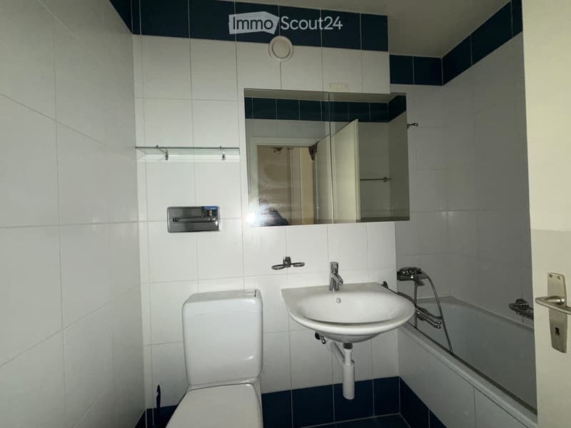 A small bathroom with white tiled walls and dark blue tiles on the floor. It features a toilet, a sink with a faucet, a bathtub, a mirror, and a towel rack.