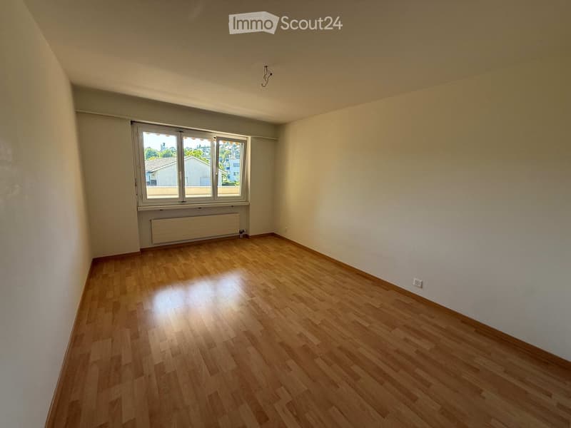 Empty room with wooden flooring, white walls, and a large window with a radiator below it.