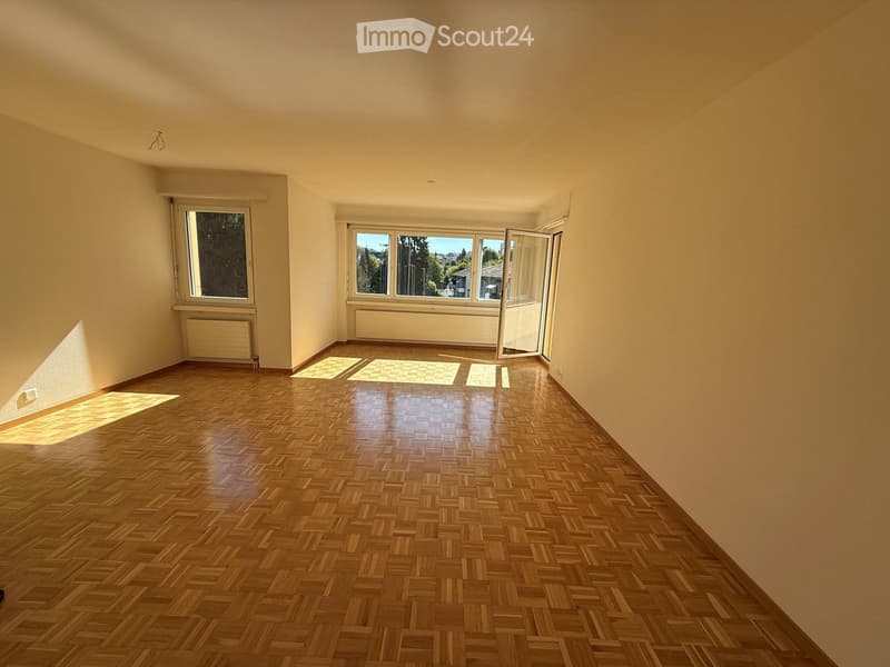 Empty room with wooden herringbone flooring, large windows, and radiators. No furniture or equipment present.