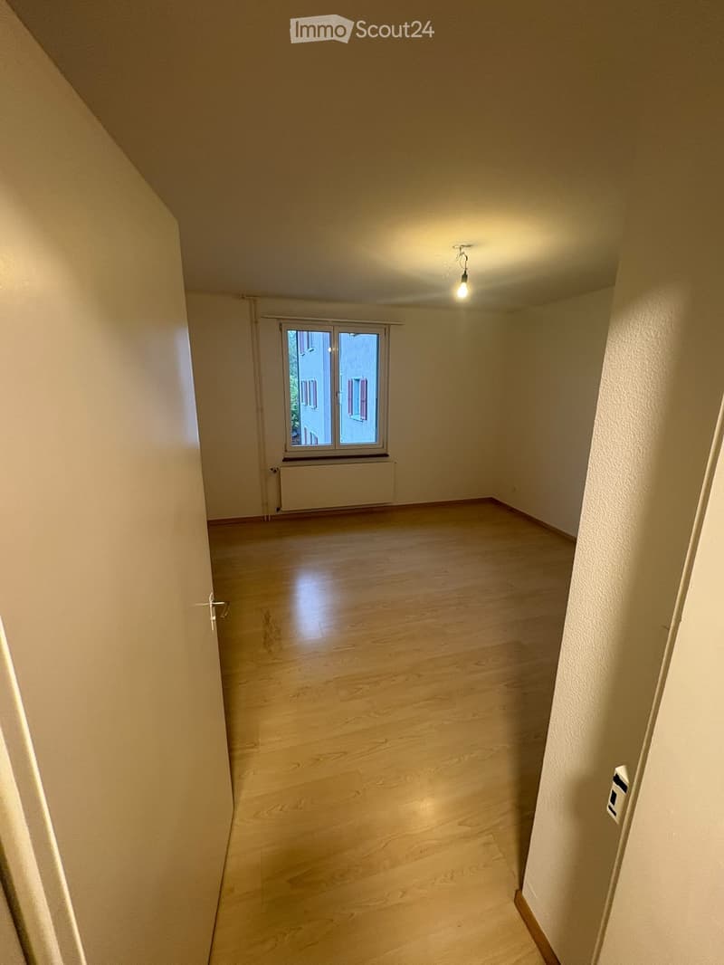 Empty room with wooden flooring, white walls, a single window with a radiator below, and a ceiling light fixture.