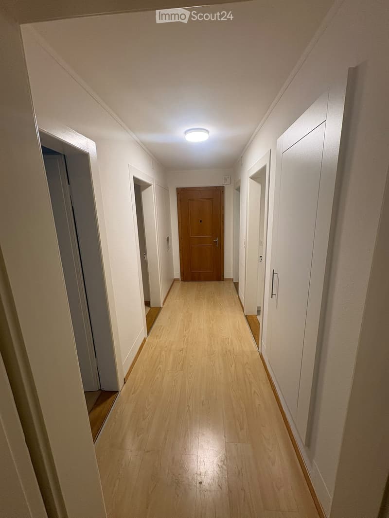 Empty hallway with light wooden flooring, white walls, and several doors, including a central wooden door.