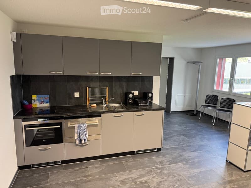 Modern kitchen with grey cabinets, stainless steel appliances, and a black countertop. Includes a sink, oven, dishwasher, refrigerator, and two chairs in the adjacent space.